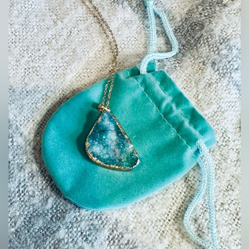 Gold and Blue Druzy Crystal Pendant Necklace